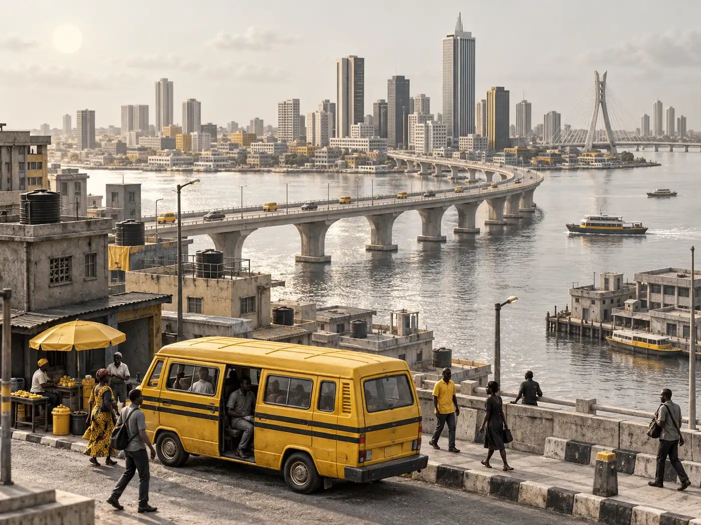 Original illustration of a yellow danfo bus beside a Lagos-inspired waterfront and city bridge